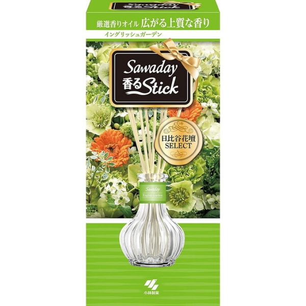 KOBAYASHI Sawaday Stick Parfum English Garden, Натуральный аромадиффузор для дома  с ароматом трав и белых цветов, стеклянный флакон 70мл, 8 палочек.