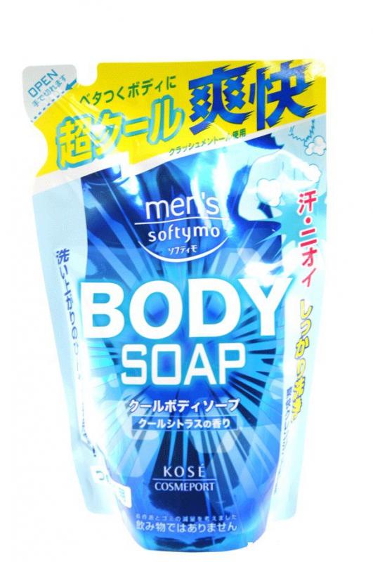 Мужское жидкое мыло для тела KOSE Mens Softymo Cool Body Soap с охлаждающим эффектом и цитрусовым ароматом мягкая упаковка 400мл.