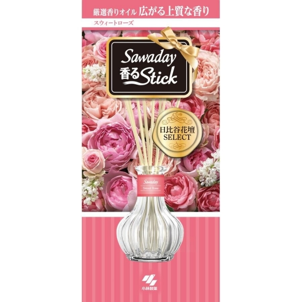 KOBAYASHI Sawaday Stick Parfum Sweet Rose,Натуральный аромадиффузор для дома  с ароматом цветочного букета, стеклянный флакон 70мл, 8 палочек.