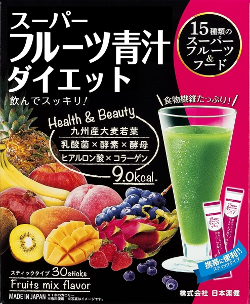 Nihon Yakken Супер Фруц Зеленый сок Аодзиру+15 фруктов, коллаген, гиалуроновая кислота 30 стиков по 3 гр