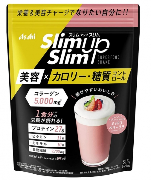 Протеиновый фруктово-овощной детокс Asahi SlimUpSlim с коллагеном замена одного приема пищи ягодный латте 315 гр