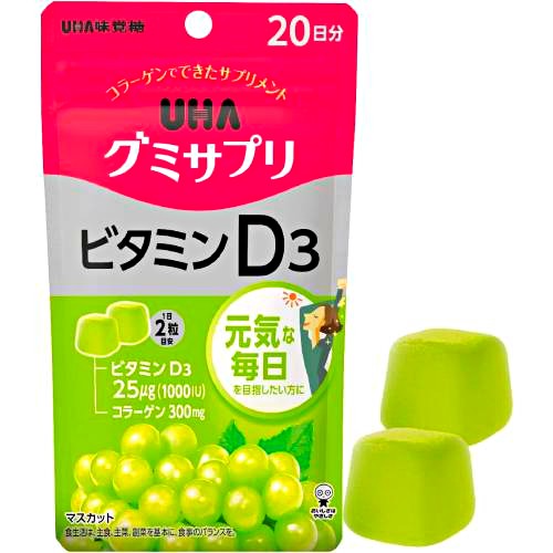 UHA Gummy Supple Жевательный Витамин D3 с коллагеном  со вкусом белого винограда № 40