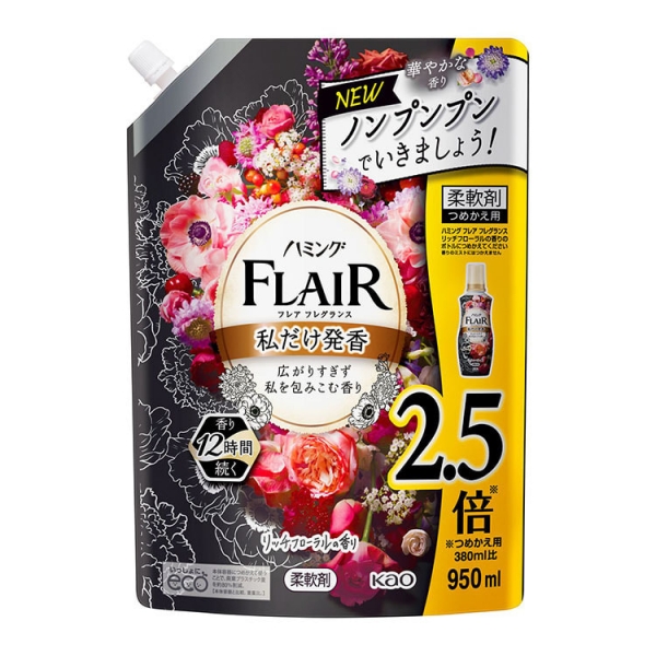 KAO Flair Fragrance Rich Floral Кондиционер-смягчитель для белья, с богатым фруктово-ягодным ароматом и цветочными нотками, сменная упаковка, 950 мл